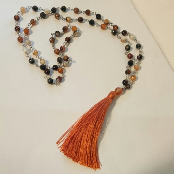 Orange and Brown Beaded Tassel Necklace - Picture 8 of 11